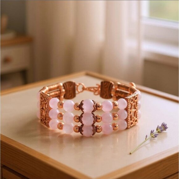 Kunzite 65.00ctw Bangle Bracelet – Adjustable 7–9" Beaded Rose Gold Design - Picture 1 of 10